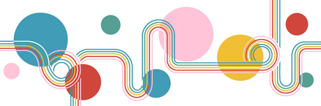 Colorful abstract design with circular shapes and lines on a white background