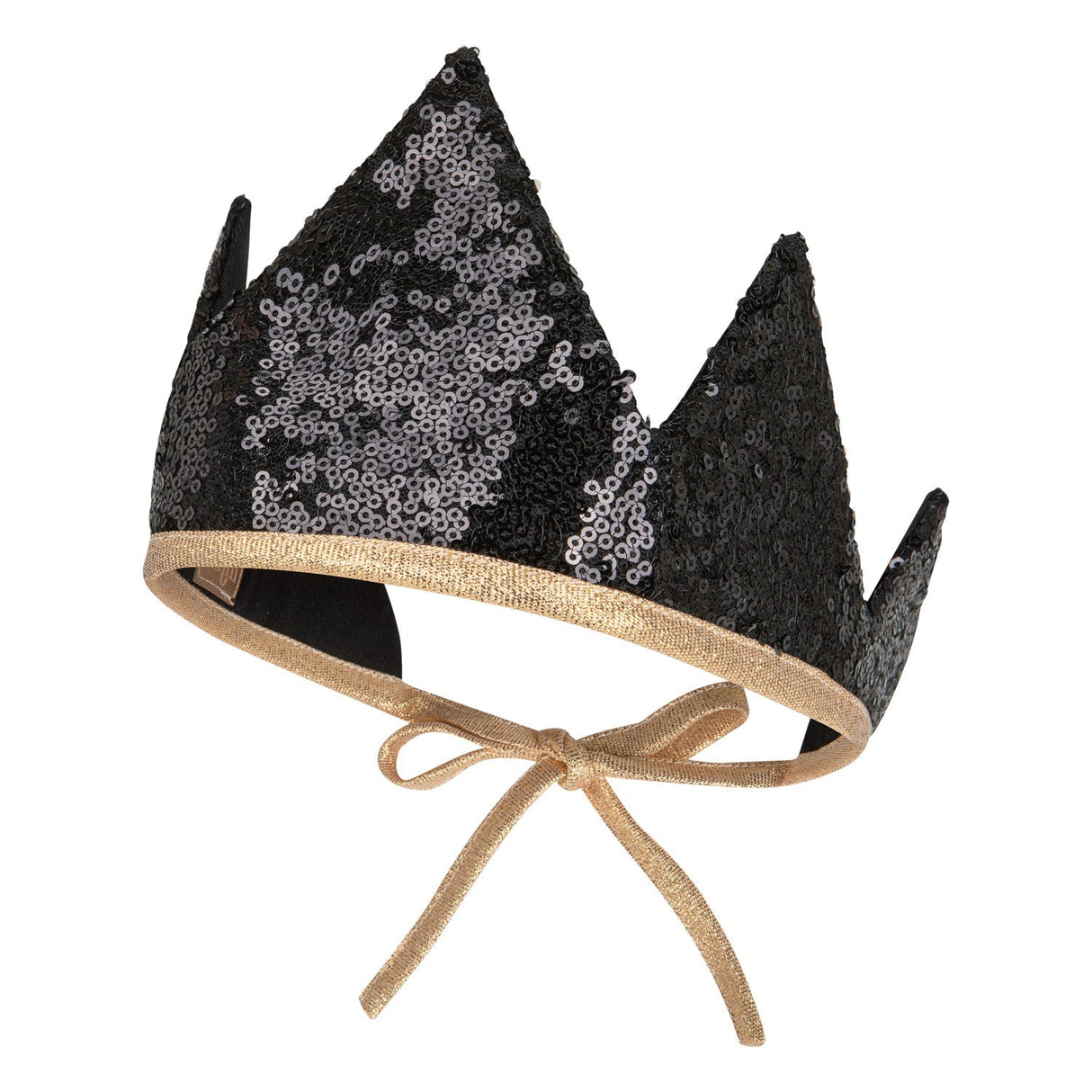 Black sequined crown with a gold ribbon on a white background