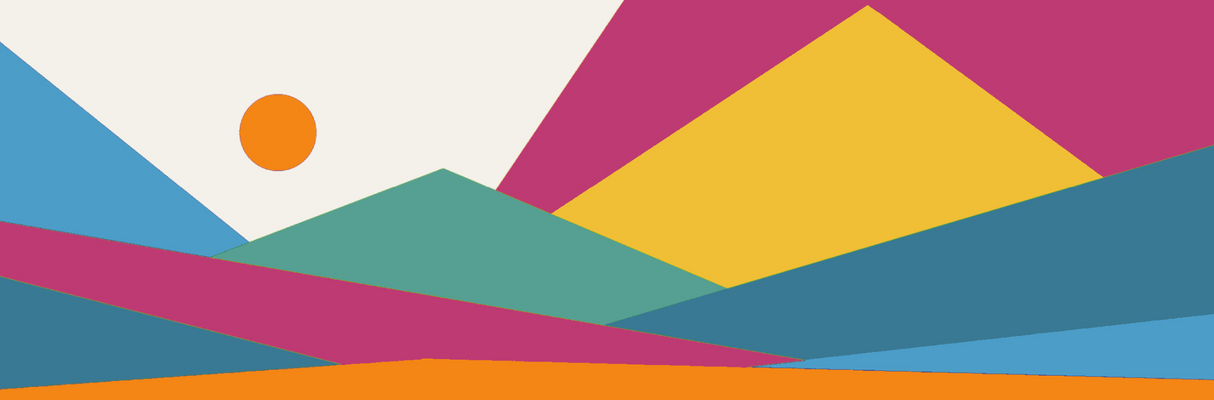 Colorful abstract landscape with geometric shapes and a sun.