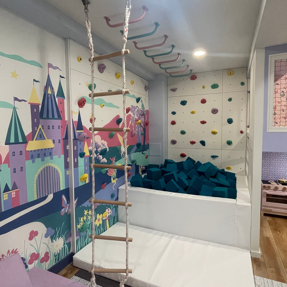 Children's room with colorful carpet, bunk bed, and patterned walls.
