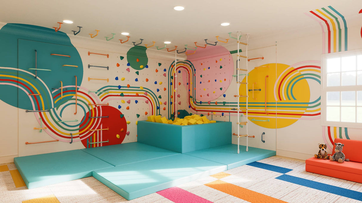 Large grOH! Play climbing wall bundle with Back on Track mural, colorful holds, and crash mats for safe indoor play.