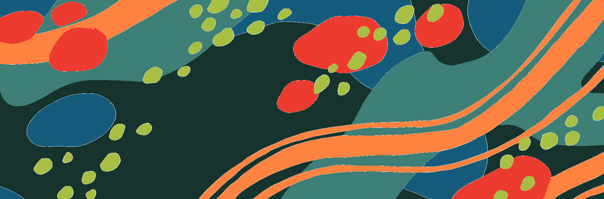 Colorful abstract design with red, orange, and green shapes on a dark background