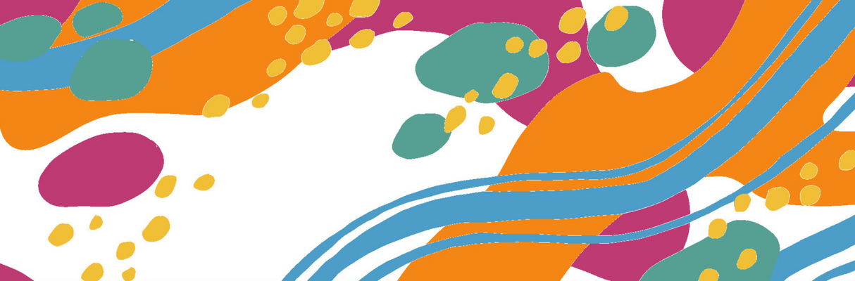 Colorful abstract design with orange, blue, green, and purple elements on a white background