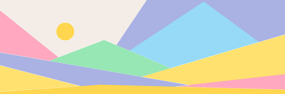 Simplified geometric landscape with colorful triangles and a yellow circle on a light gray background