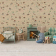 Children's room with toy furniture, teddy bear, and decorative wallpaper featuring animals and nature.