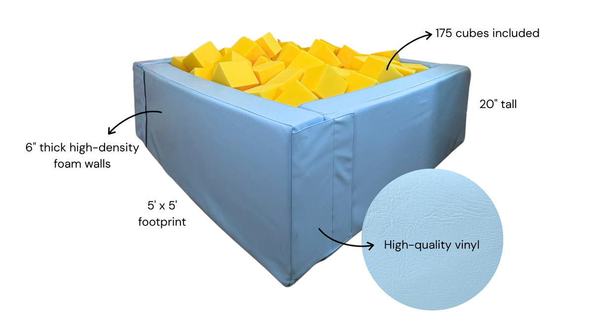 Everyday Foam Pit dimensions: 5 foot by 5 foot footprint, 20 inches tall, 6 inch thick high-density foam walls, 175 cubes included, high-quality vinyl