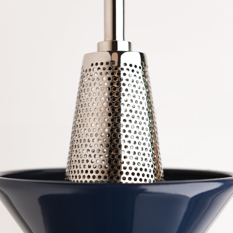 Metallic shower head with perforated design on a white background