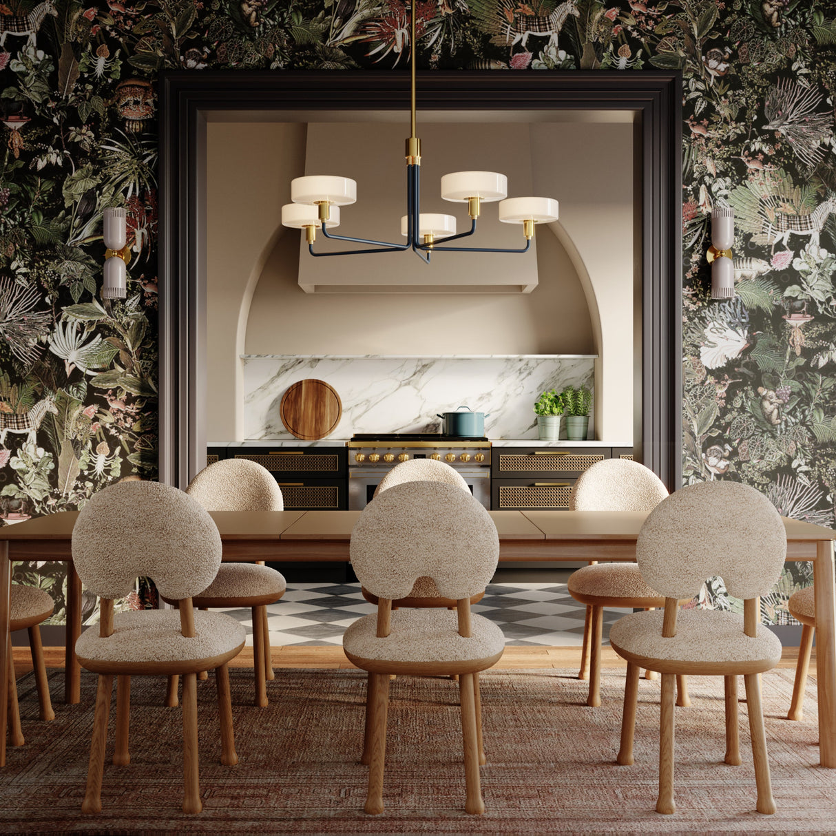 Dining area with a floral wall design and a kitchen in the background.