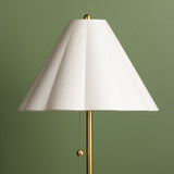 Floor lamp with a white shade and gold base against a green wall