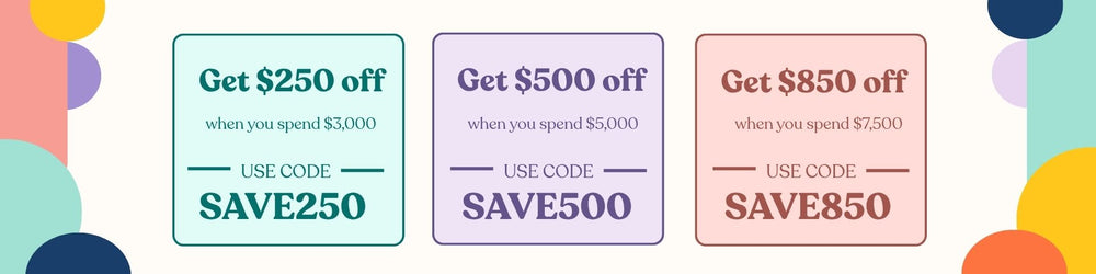 Three promotional coupon cards on a pastel multicolor background. Get $250 off $3,000 with SAVE250, $500 off $5,000 with SAVE500, or $850 off $7,500 with SAVE850.