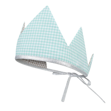 Light blue checkered baby crown with gray trim on a white background