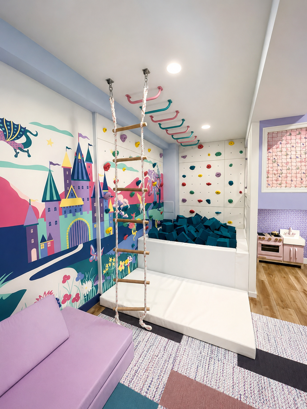 A colorful children's playroom featuring a foam climbing wall with a rope ladder, a foam pit, a whimsical castle mural on the wall, and a purple sofa in the foreground.