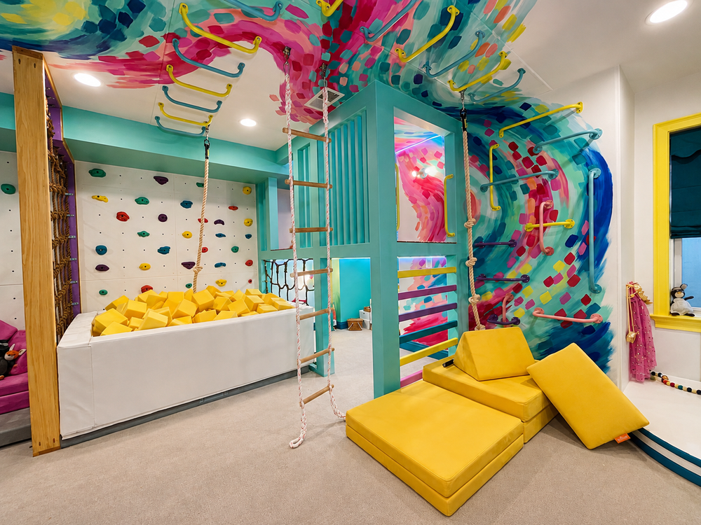 A colorful indoor play area with climbing walls, foam pits, ropes, and bright yellow padded floor cushions in a modern room.