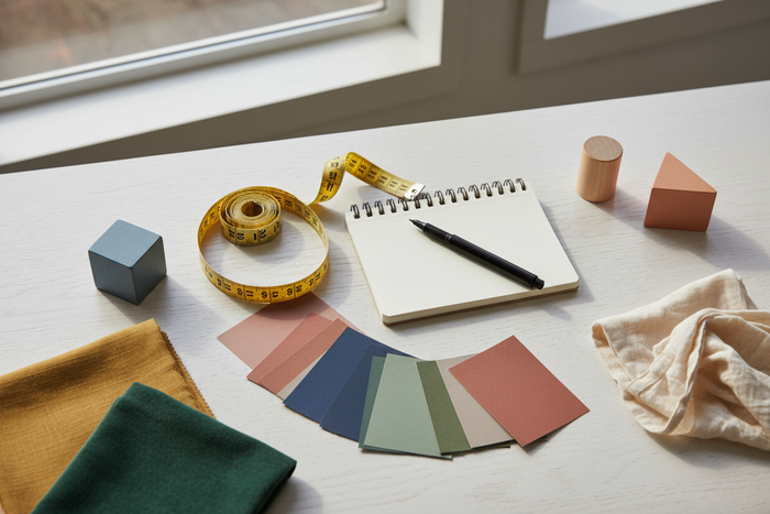 A stylish flat lay of a tape measure, notepad, color swatches, and maybe a few toy blocks or fabric samples.