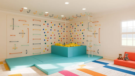 Large grOH! Play indoor climbing bundle with vibrant wall panels, holds, mats, and foam pit for active kids.