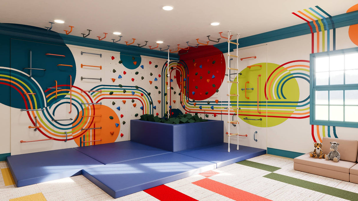 Large Knight’s Quest climbing wall bundle with Back on Track mural, themed panels, foam pit, and mats for kids.
