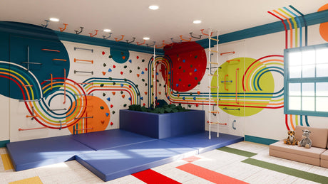 Large Knight’s Quest climbing wall bundle with Back on Track mural, themed panels, foam pit, and mats for kids.