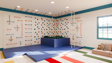 Large Knight’s Quest playroom bundle featuring bold climbing wall panels, advanced holds, and cushioned crash mats.