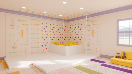 Large Pastel Rainbow playroom bundle with expansive climbing wall, colorful holds, foam pit, and soft landing mats.