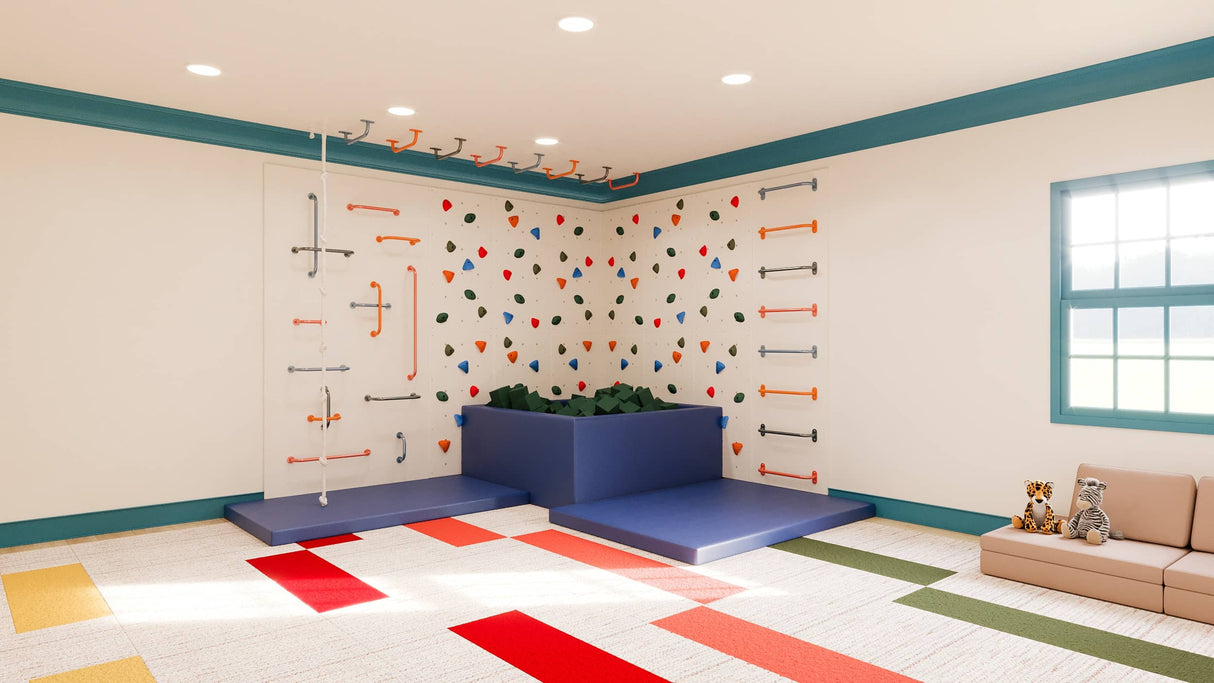 Medium Knight’s Quest kids climbing wall bundle with durable wall panels, themed holds, and safe cushioned mats.