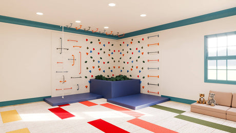Medium Knight’s Quest kids climbing wall bundle with durable wall panels, themed holds, and safe cushioned mats.