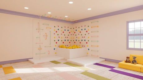 Medium Pastel Rainbow bundle with indoor climbing wall, cheerful holds, and crash mats for growing kids’ gross motor skills.