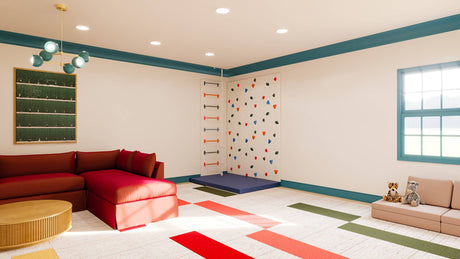 Petite Knight’s Quest playroom bundle featuring bold climbing wall panels, durable holds, and safety mat for active kids.