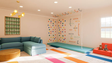 Small grOH! Play indoor playroom bundle with bright climbing wall, colorful holds, and safety crash mat.