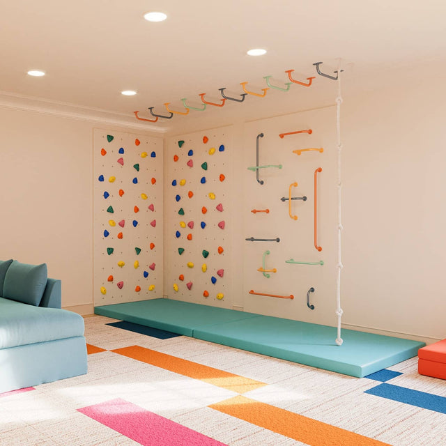 Small grOH! Play indoor playroom bundle with bright climbing wall, colorful holds, and safety crash mat.