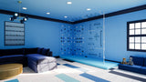 Small Out of the Blue climbing wall bundle with three wall panels, climbing holds, and crash pad for home playroom.