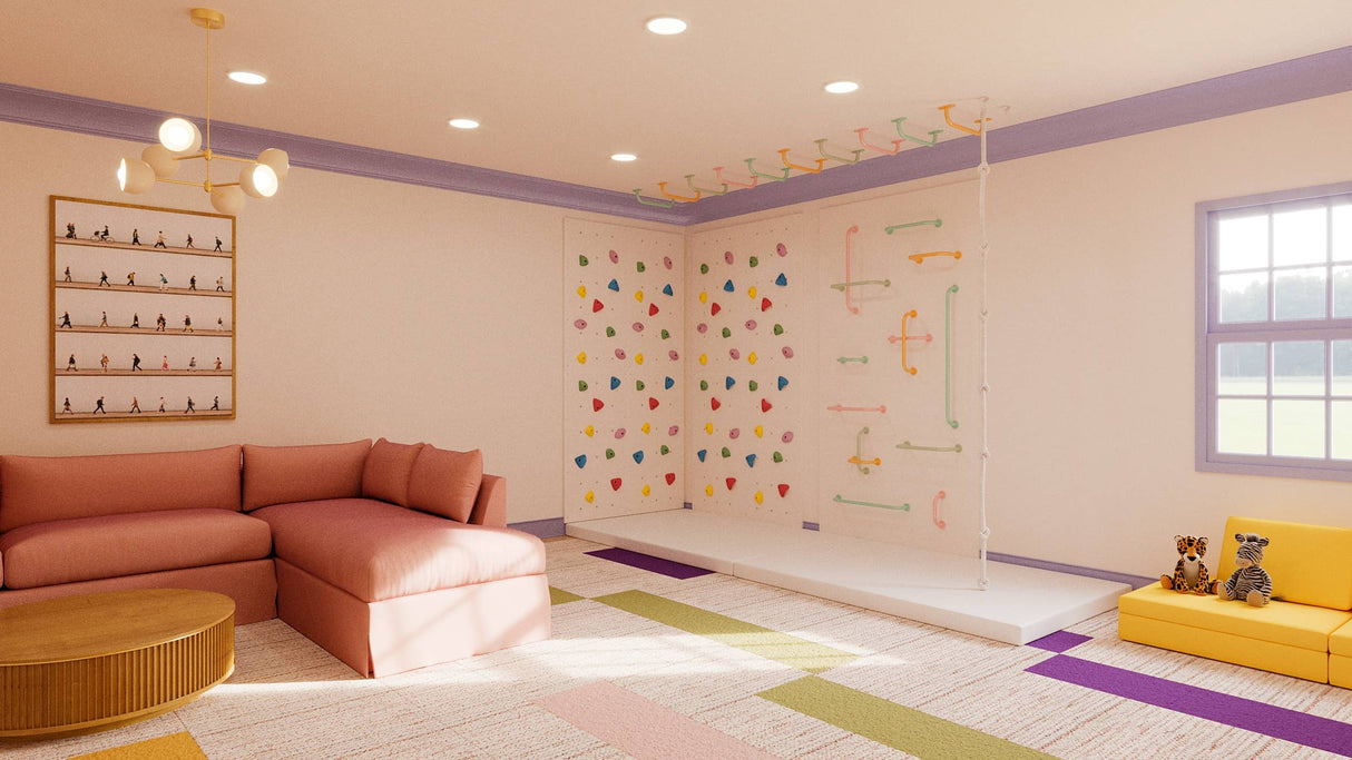 Small Pastel Rainbow kids play bundle with indoor climbing wall, soft pastel holds, and cushioned crash mat.