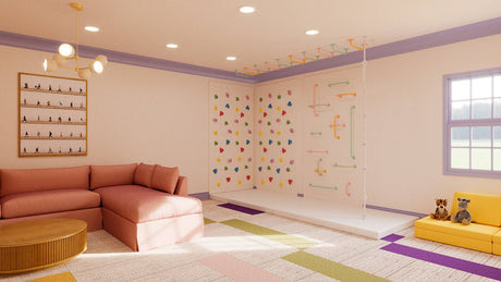 Small Pastel Rainbow kids play bundle with indoor climbing wall, soft pastel holds, and cushioned crash mat.