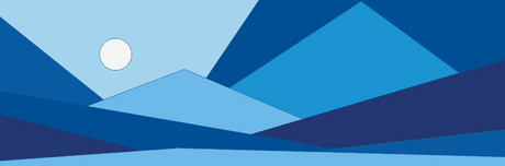 Abstract blue mountain landscape with a white circle in the sky